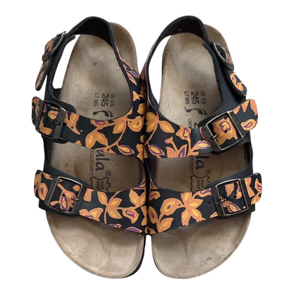 Betula Birkenstock Sandals Womens 7 EU 38 Black Floral Leather 3 Buckle Open Toe